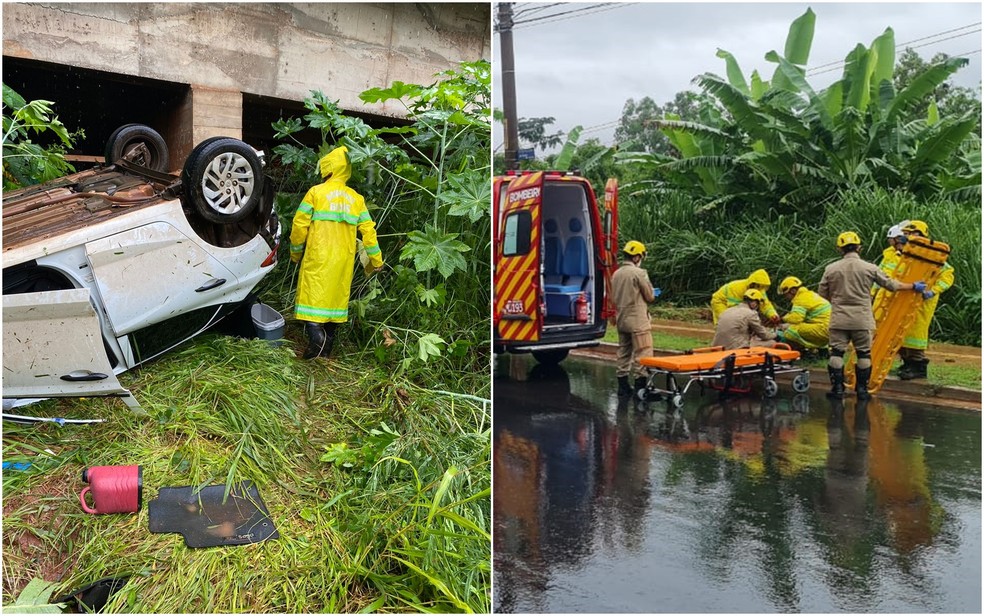 Carro cai de ponte e para com as rodas para cima, em Goiânia