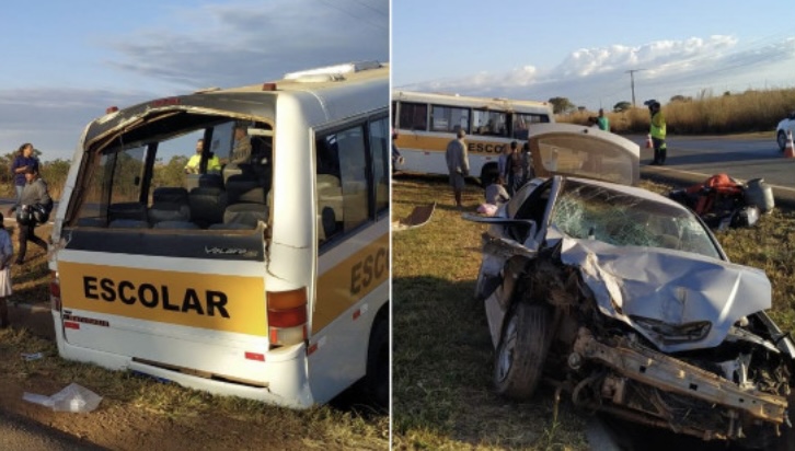 Batida entre ônibus escolar e carro deixa 11 crianças e 4 adultos feridos em rodovia de Goiás