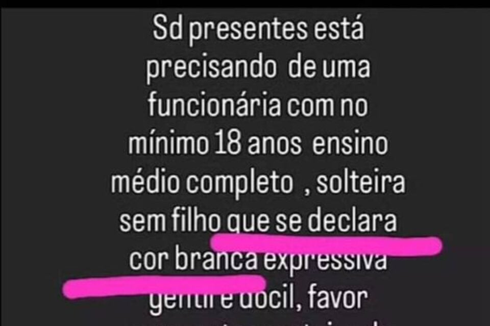 Loja na Bahia exige funcionária branca e sem filhos em anúncio de emprego e gera revolta